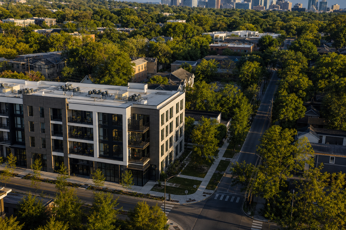 Multifamily community set within a tree-lined neighborhood
