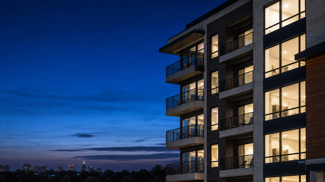 Modern multifamily apartment building lit at blue hour